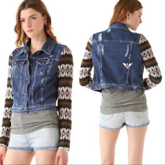 Free People Nordic Distressed Wool Denim Jacket - Picture 1 of 8